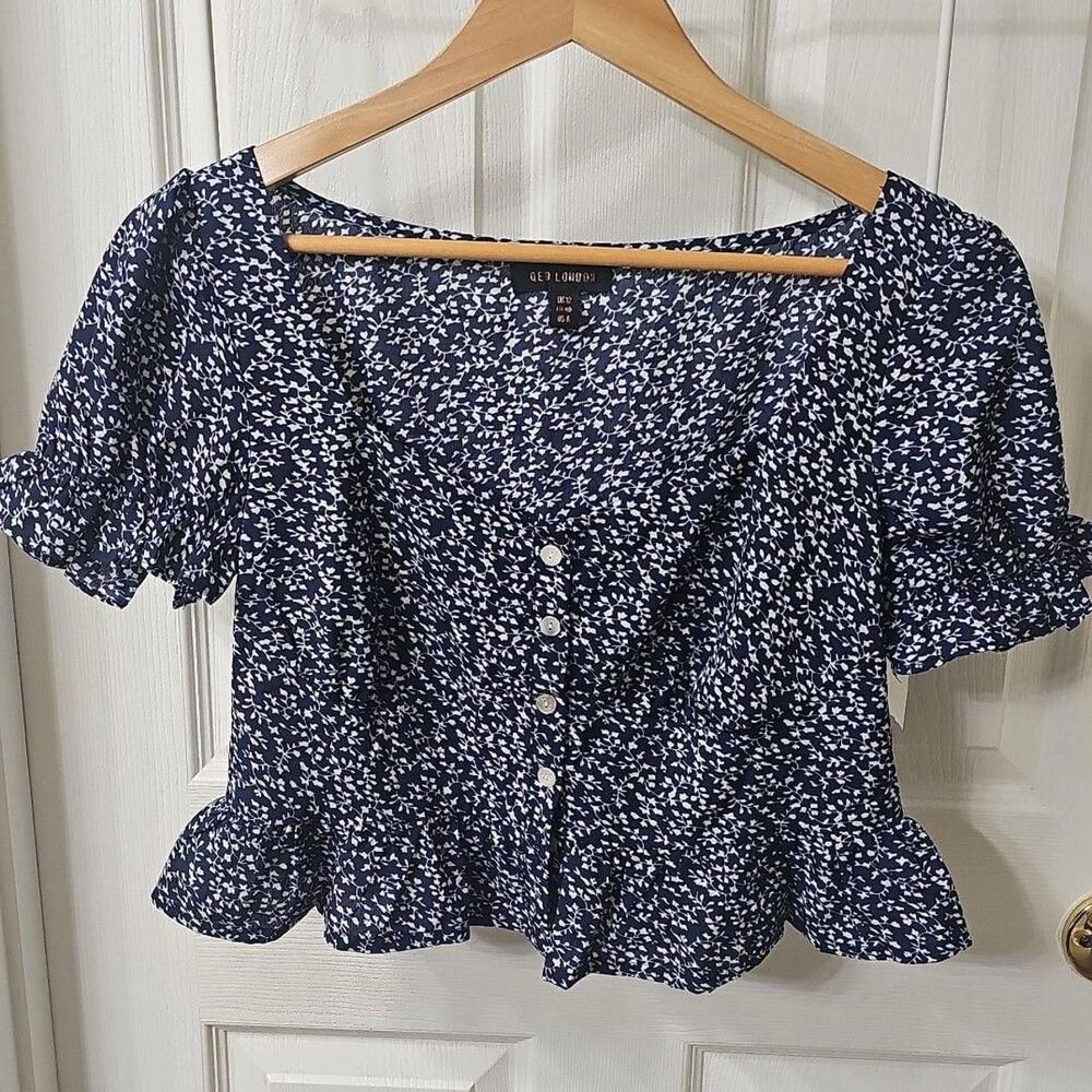 QED London Navy Floral Print Button-Front Peplum Blouse Size US 8